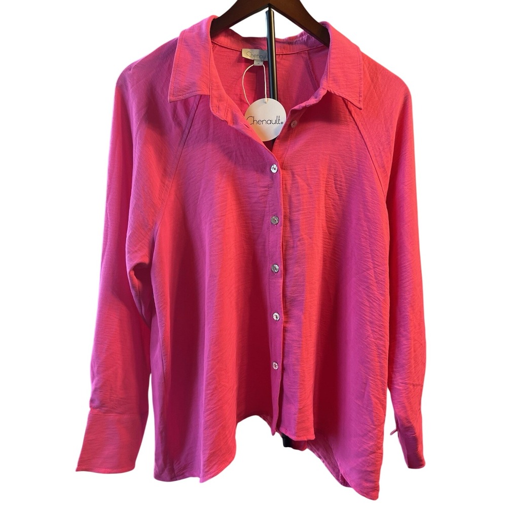 Chenault Women's M Pink Solid Woven Polyester Collared Long Sleeve Button-Up